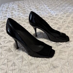 Stuart Weitzman black patent leather peep toe stilettos